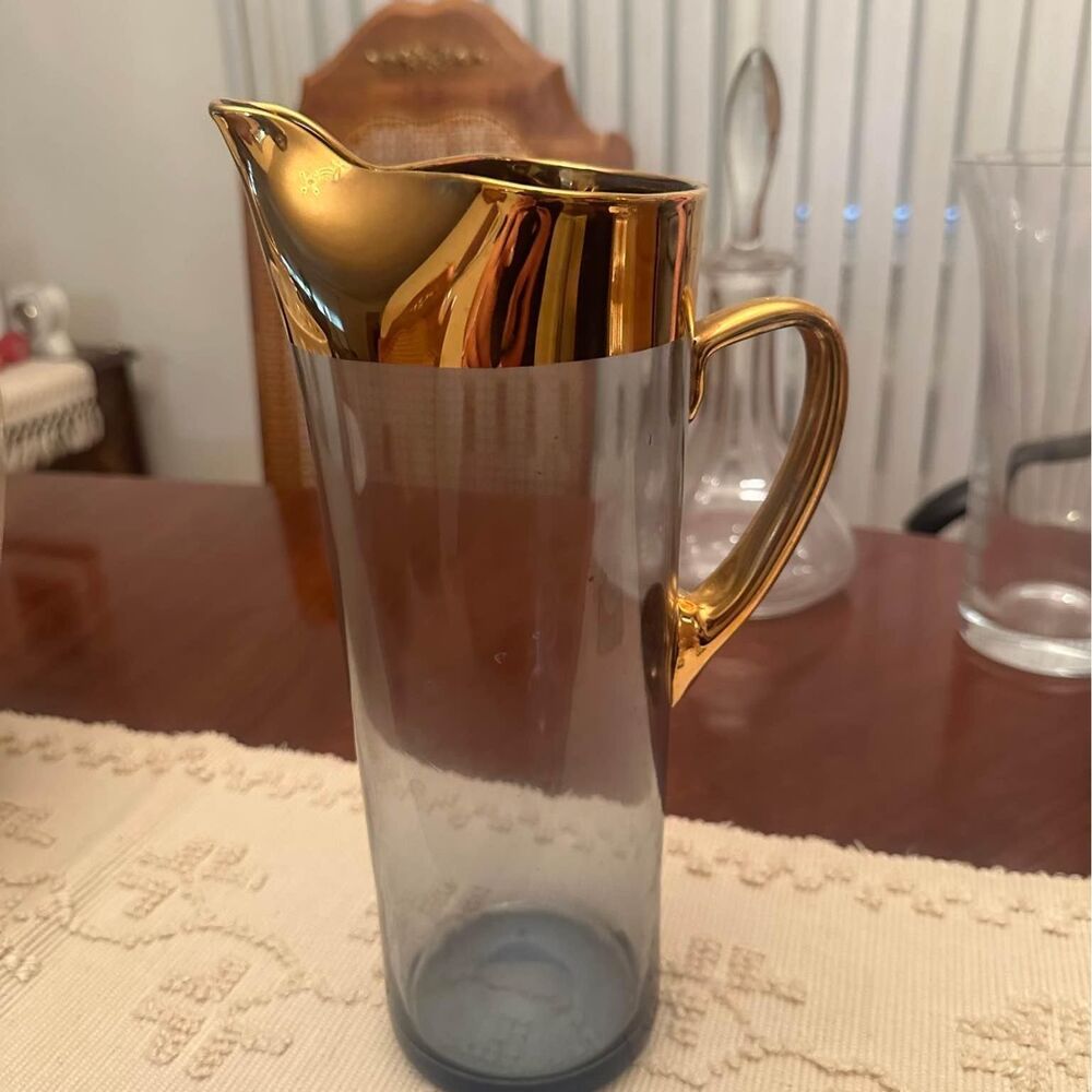 VINTAGE 22kt  Gold Rim and Aqua Color Hungarian Glass Cocktail Pitcher